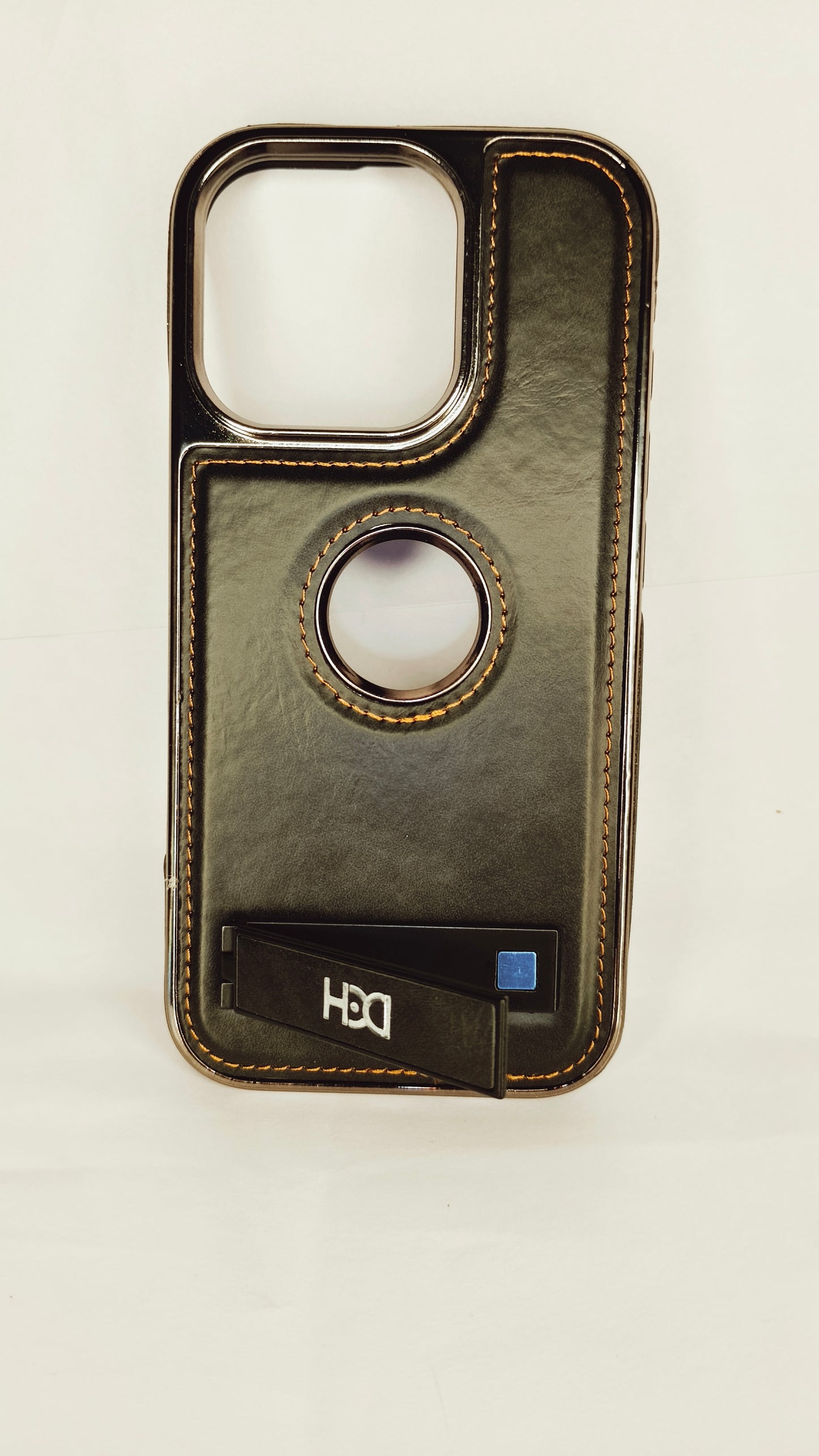 Premium Luxury Leather iPhone 16 Pro Case with Kickstand & Ring Cutout – Shockproof Metallic Edge Protective Cover