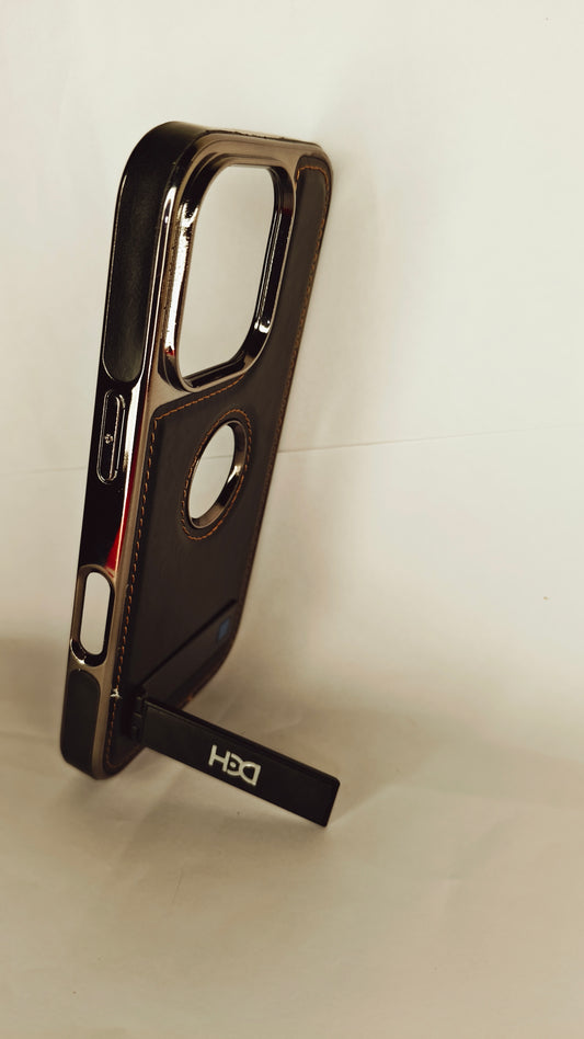 Premium Luxury Leather iPhone 16 Pro Case with Kickstand & Ring Cutout – Shockproof Metallic Edge Protective Cover