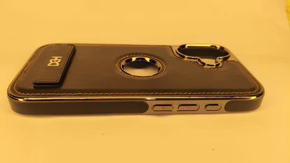 Premium Luxury Leather iPhone 16 Case with Kickstand & Ring Cutout – Shockproof Metallic Edge Protective Cover
