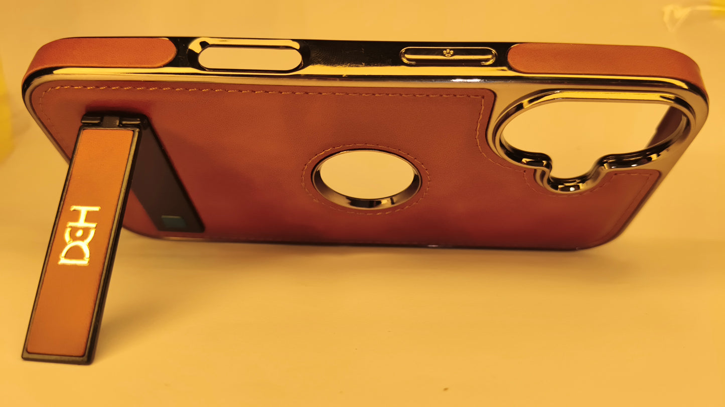 Premium Luxury Leather iPhone 16 Case with Kickstand & Ring Cutout – Shockproof Metallic Edge Protective Cover