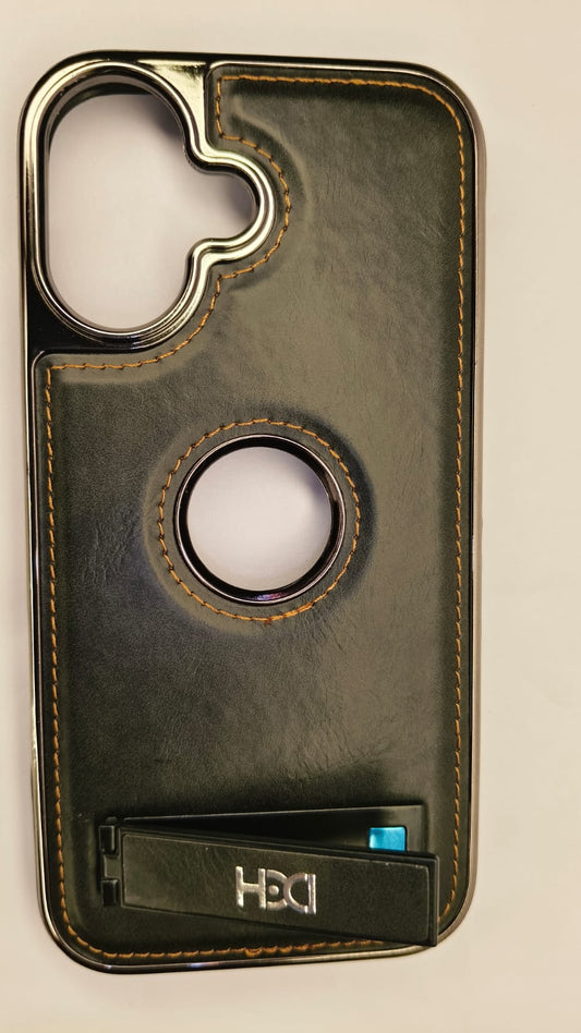 Premium Luxury Leather iPhone 16 Case with Kickstand & Ring Cutout – Shockproof Metallic Edge Protective Cover