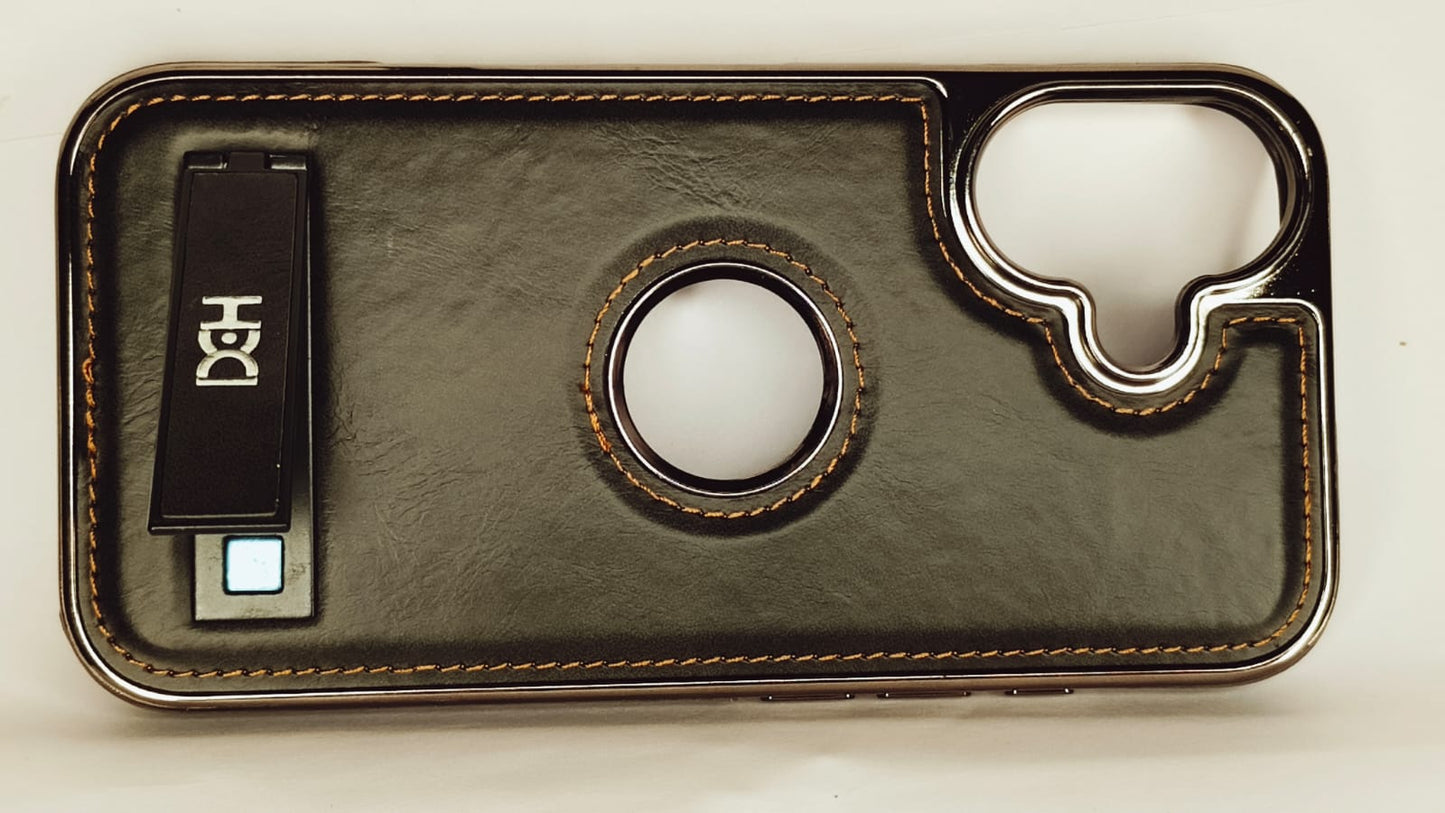 Premium Luxury Leather iPhone 16 Case with Kickstand & Ring Cutout – Shockproof Metallic Edge Protective Cover