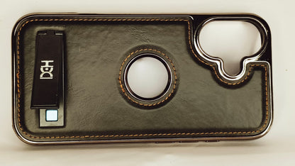 Premium Luxury Leather iPhone 16 Case with Kickstand & Ring Cutout – Shockproof Metallic Edge Protective Cover