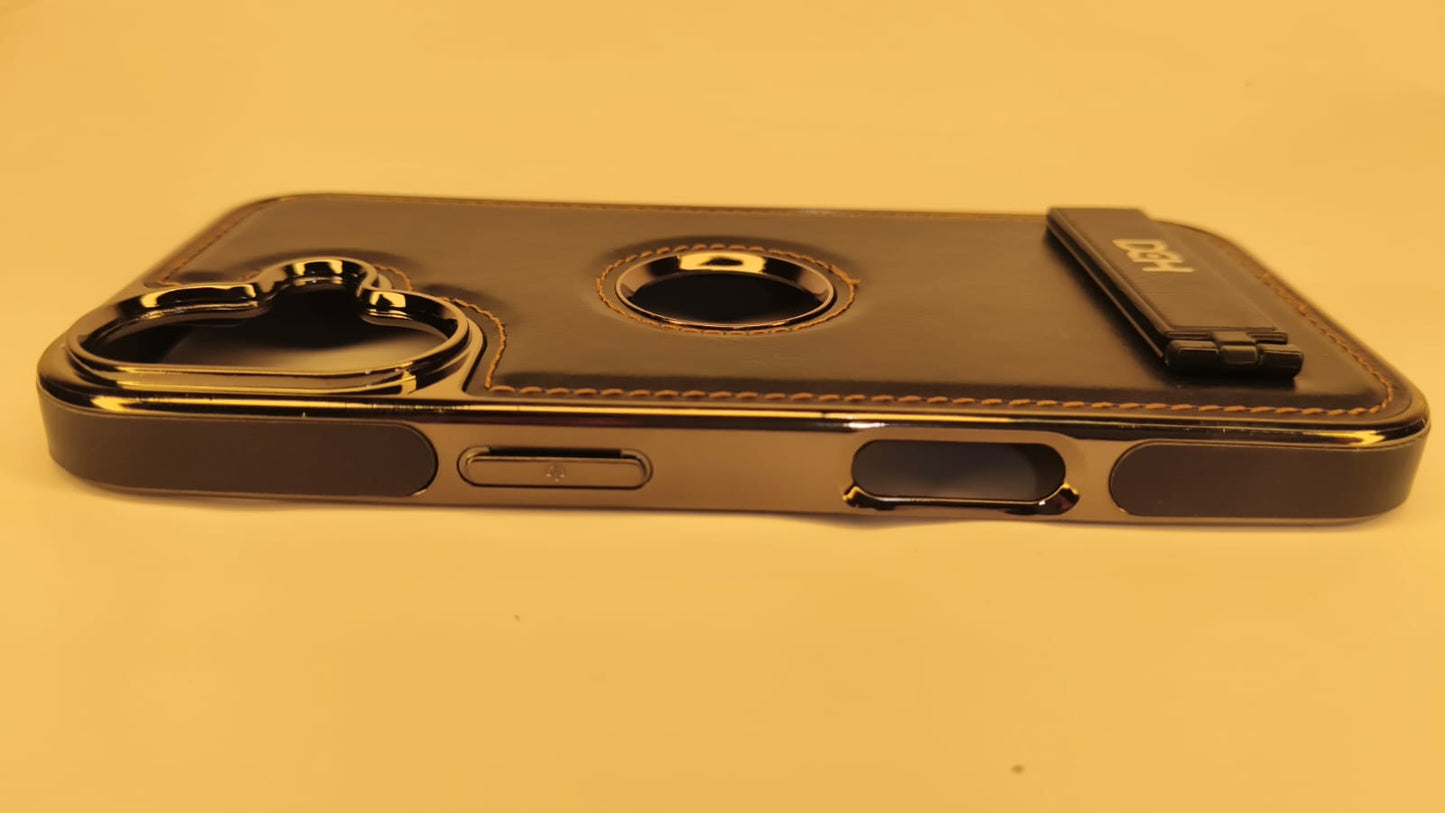 Premium Luxury Leather iPhone 16 Case with Kickstand & Ring Cutout – Shockproof Metallic Edge Protective Cover