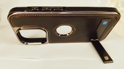 Premium Luxury Leather iPhone 16 Pro Case with Kickstand & Ring Cutout – Shockproof Metallic Edge Protective Cover