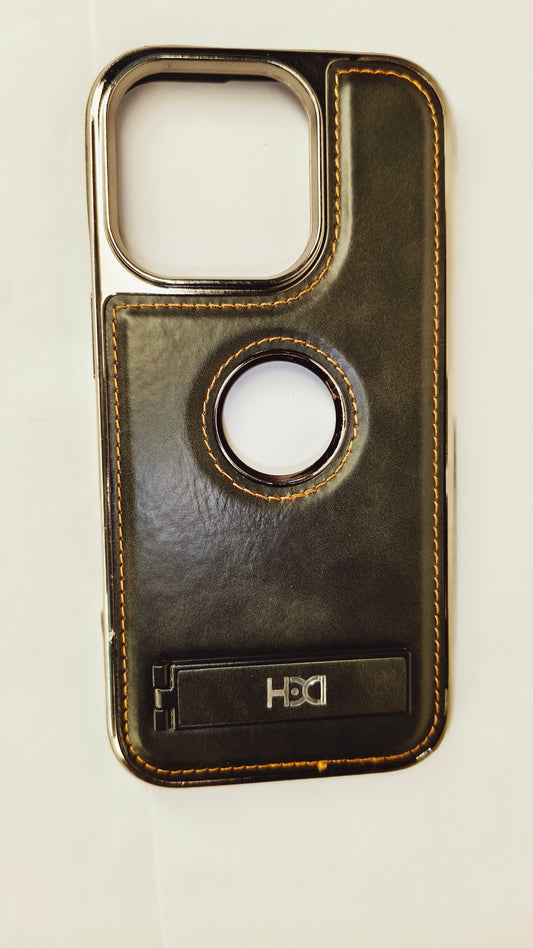 Premium Luxury Leather iPhone 16 Pro Case with Kickstand & Ring Cutout – Shockproof Metallic Edge Protective Cover